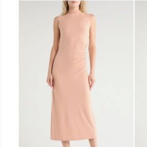 39. Vince $195 Mock Neck Sleeveless Ruched Dress APRICOT CLAY